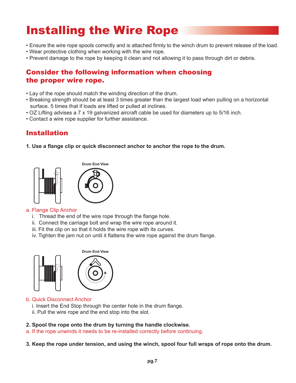 Installing the wire rope | OZ Lifting Products Brake Winch OM User Manual | Page 7 / 16