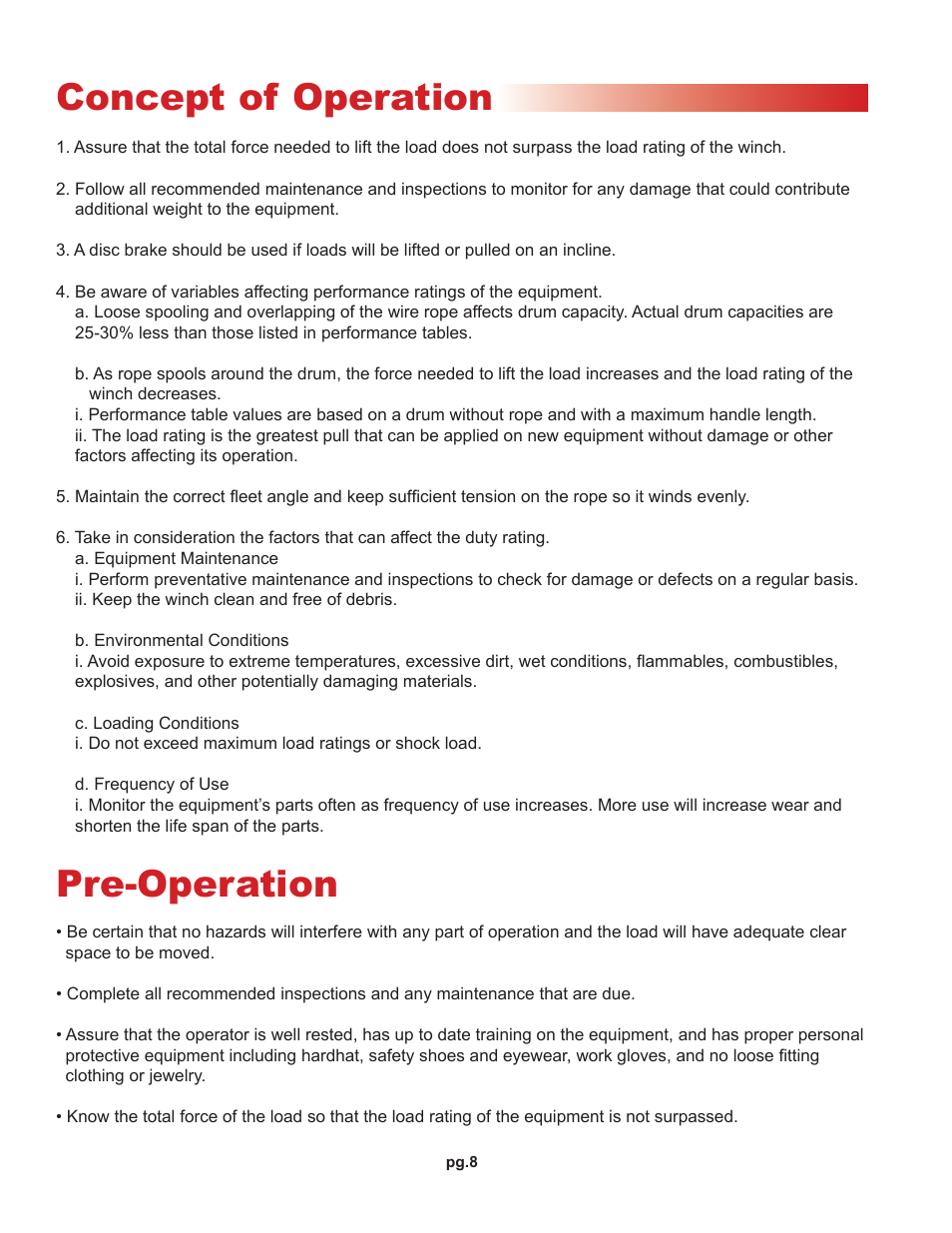 Concept of operation, Pre-operation | OZ Lifting Products Brake Winch OM User Manual | Page 8 / 16