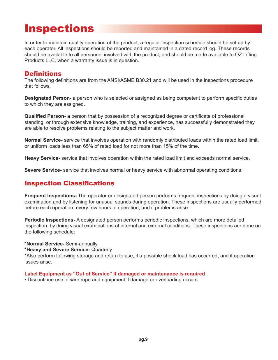 Inspections | OZ Lifting Products Brake Winch OM User Manual | Page 9 / 16