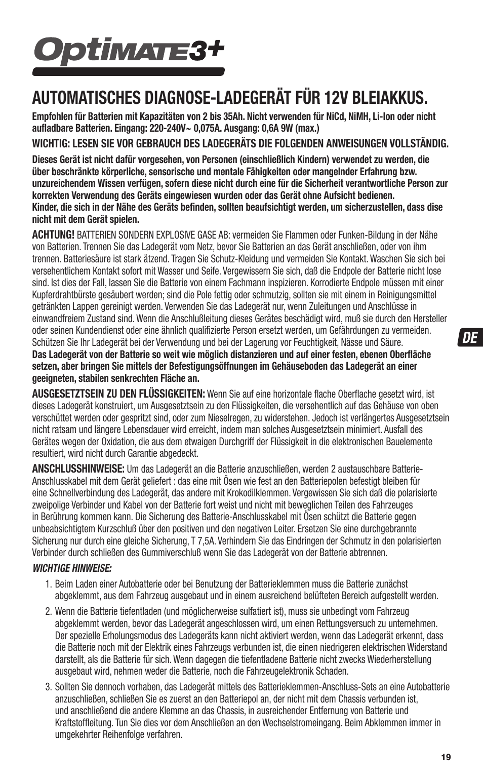 Automatisches diagnose-ladegerät für 12v bleiakkus | TecMate Optimate3+ User Manual | Page 19 / 36