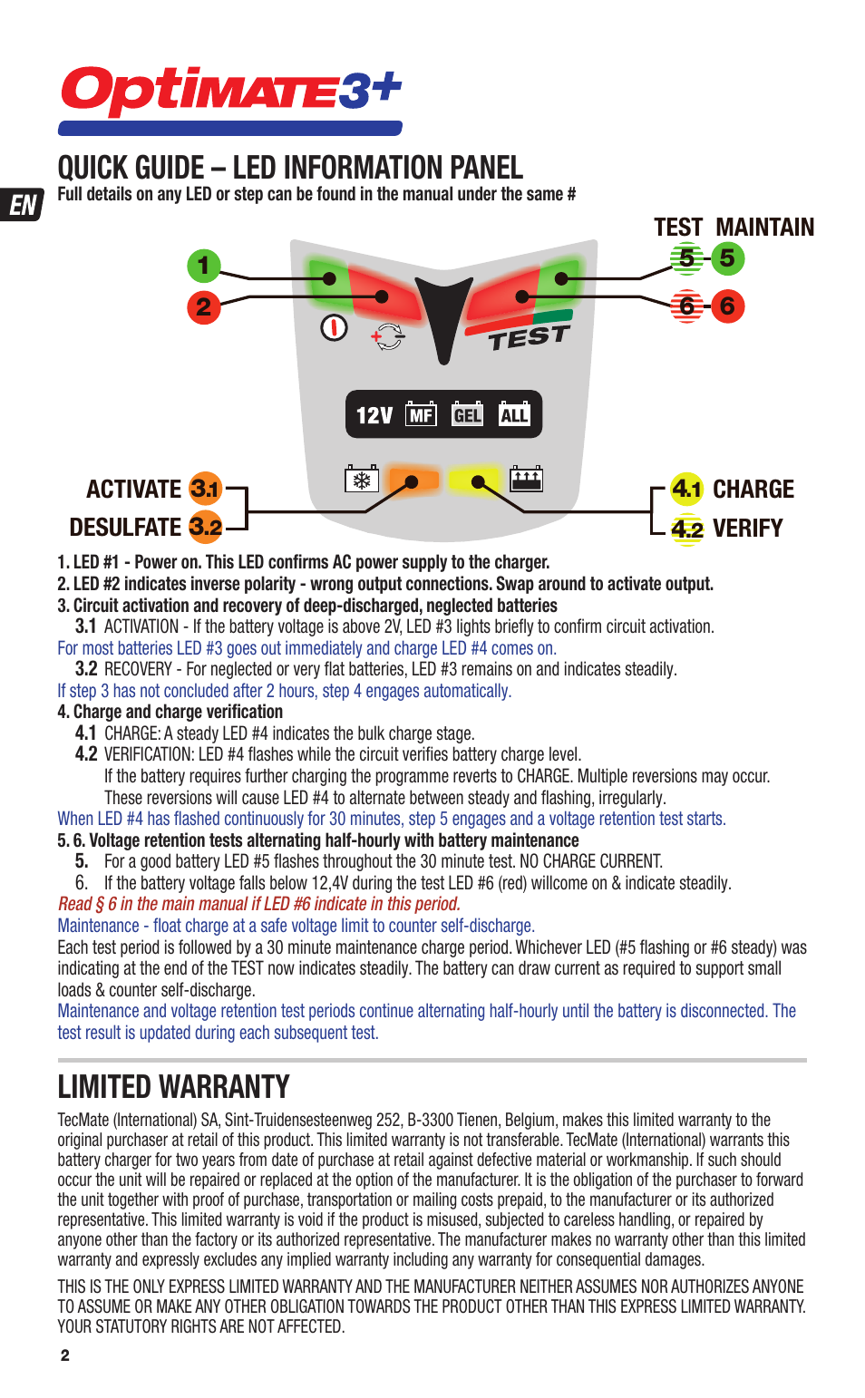 Quick guide – led information panel, Limited warranty | TecMate Optimate3+ User Manual | Page 2 / 36