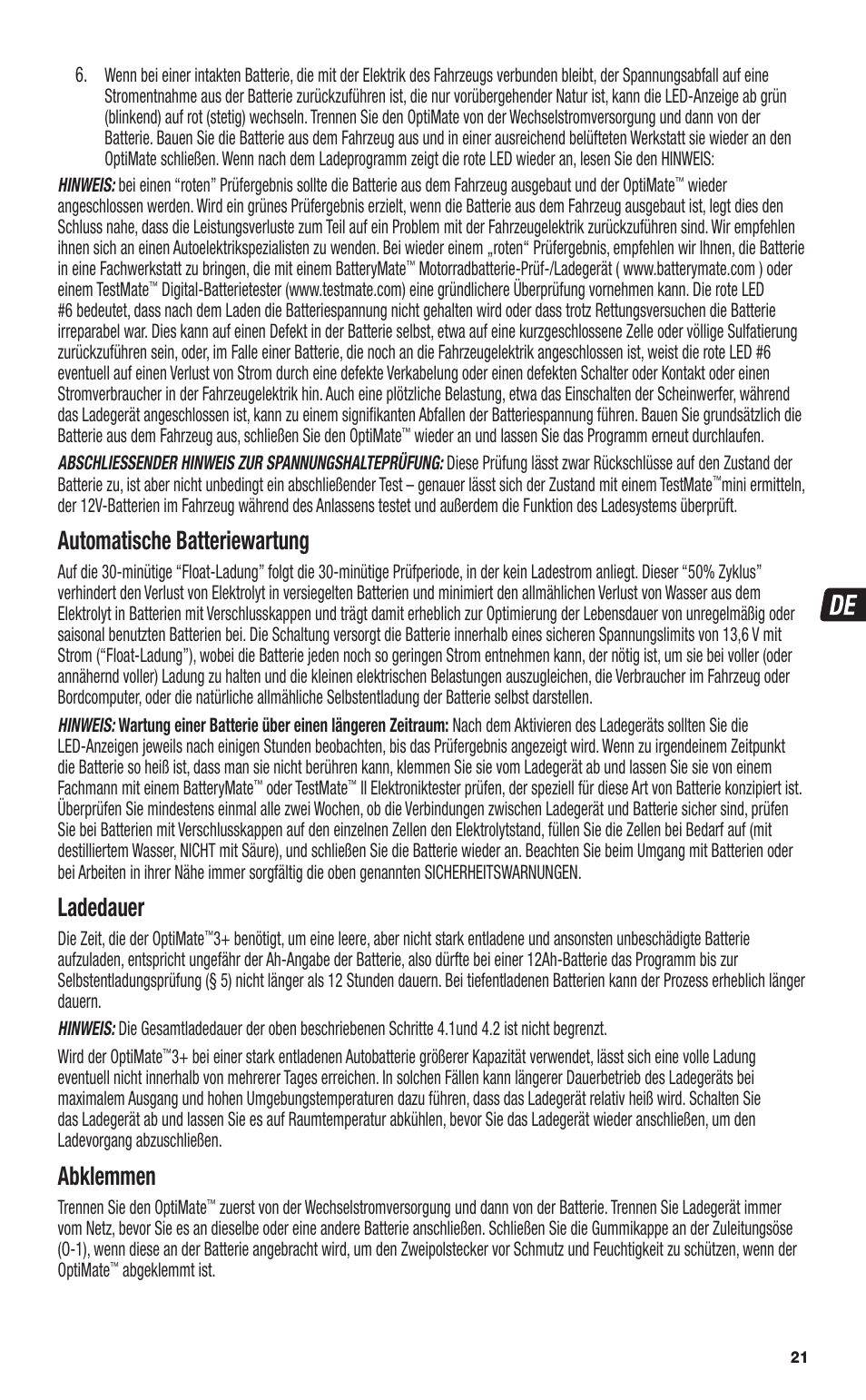 Automatische batteriewartung, Ladedauer, Abklemmen | TecMate Optimate3+ User Manual | Page 21 / 36