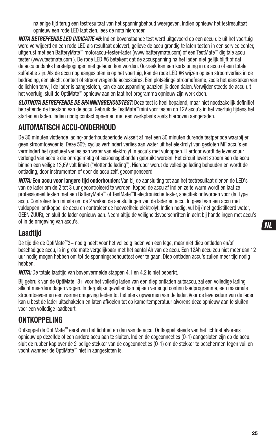 Automatisch accu-onderhoud, Laadtijd, Ontkoppeling | TecMate Optimate3+ User Manual | Page 25 / 36