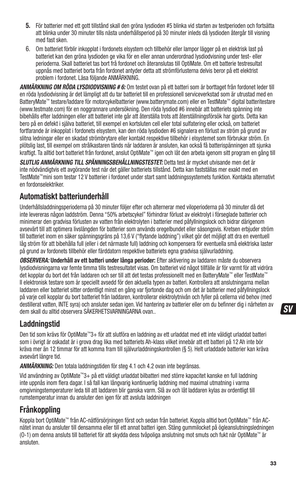 Automatiskt batteriunderhåll, Laddningstid, Frånkoppling | TecMate Optimate3+ User Manual | Page 33 / 36