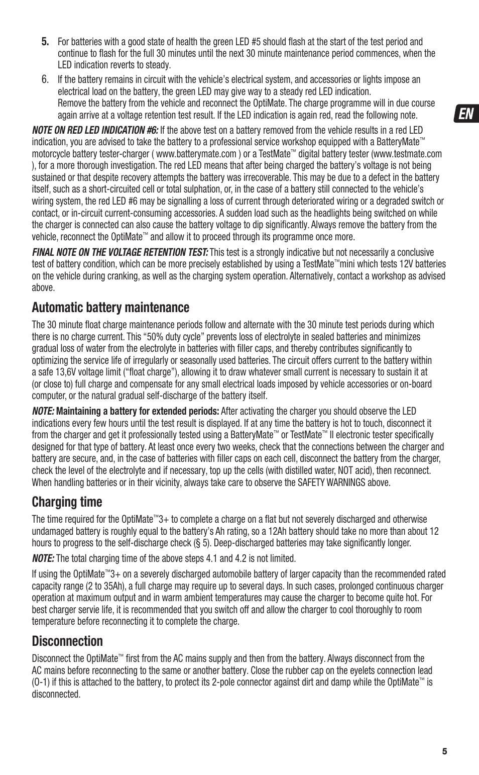 Automatic battery maintenance, Charging time, Disconnection | TecMate Optimate3+ User Manual | Page 5 / 36