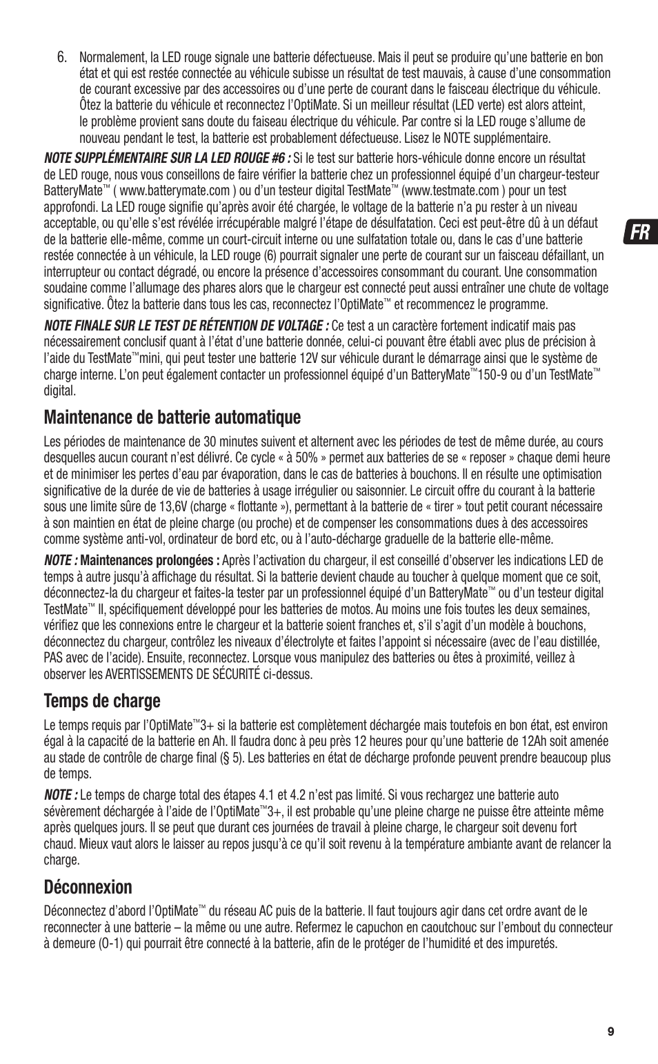 Maintenance de batterie automatique, Temps de charge, Déconnexion | TecMate Optimate3+ User Manual | Page 9 / 36