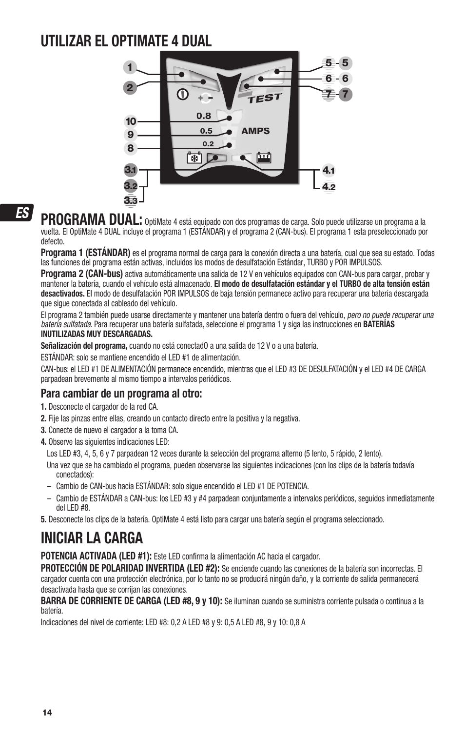 Utilizar el optimate 4 dual, Programa dual, Iniciar la carga | Para cambiar de un programa al otro | TecMate Optimate4 Dual Program User Manual | Page 14 / 44