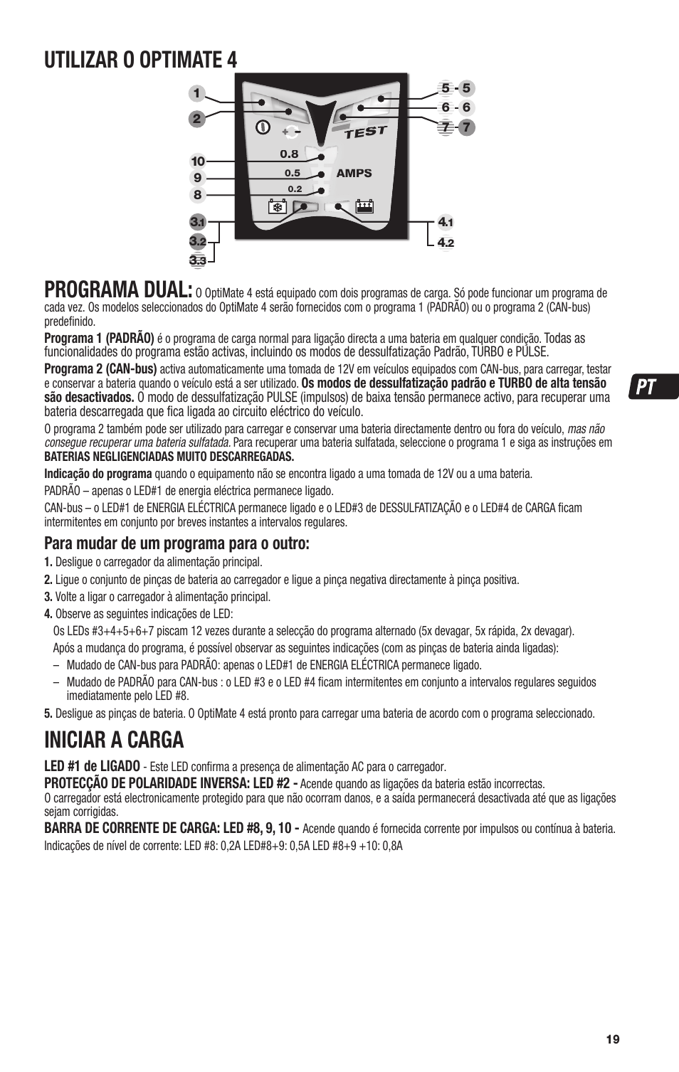 Utilizar o optimate 4, Programa dual, Iniciar a carga | Para mudar de um programa para o outro | TecMate Optimate4 Dual Program User Manual | Page 19 / 44