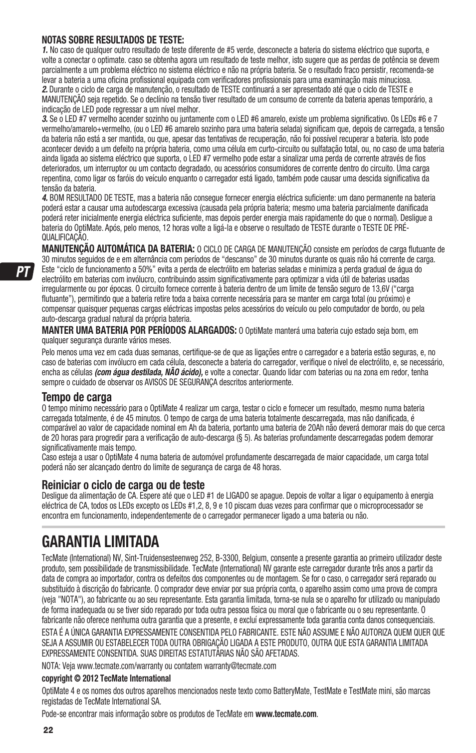 Garantia limitada, Tempo de carga, Reiniciar o ciclo de carga ou de teste | TecMate Optimate4 Dual Program User Manual | Page 22 / 44