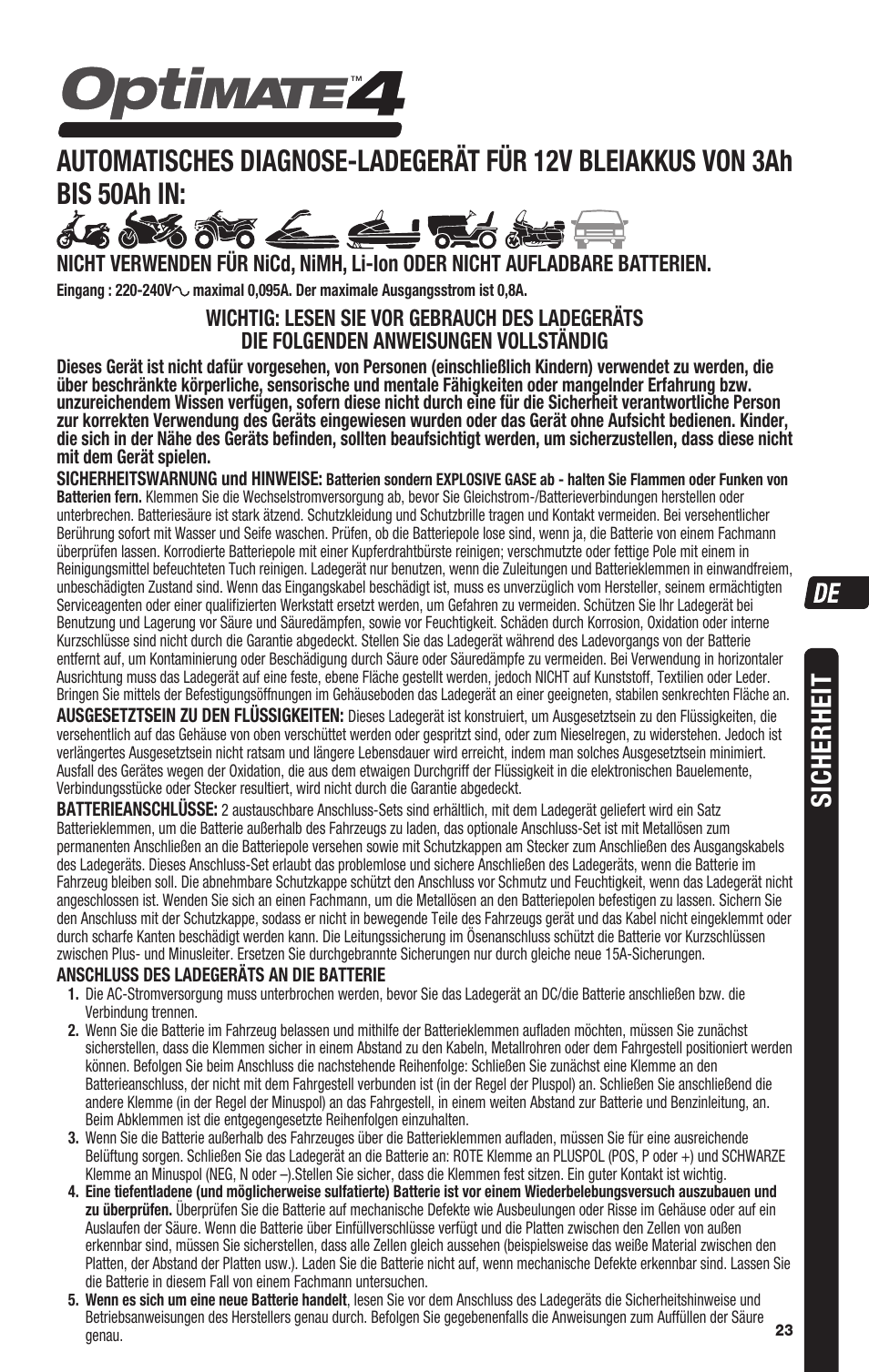 Sicherheit | TecMate Optimate4 Dual Program User Manual | Page 23 / 44