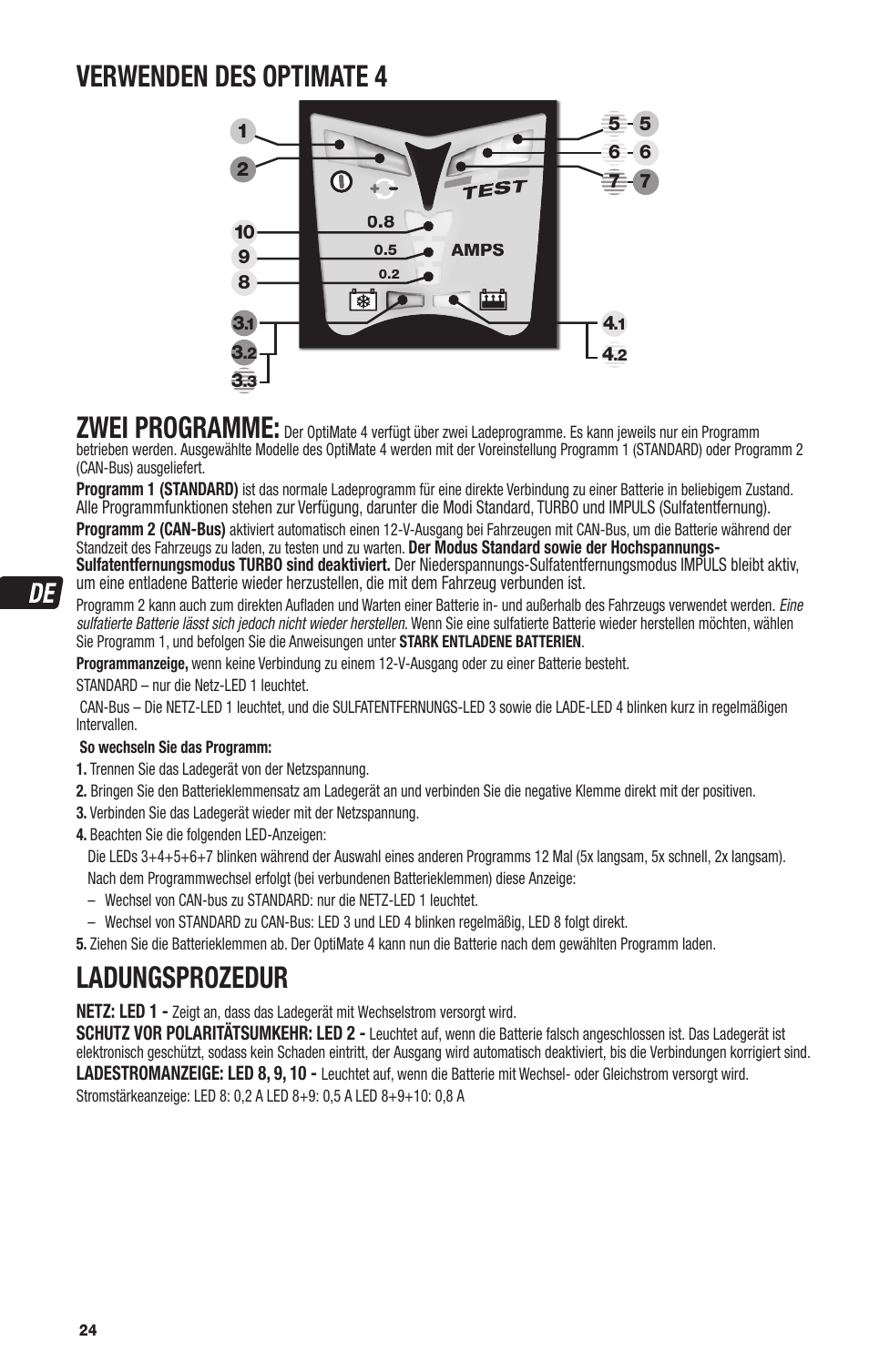 Verwenden des optimate 4, Zwei programme, Ladungsprozedur | TecMate Optimate4 Dual Program User Manual | Page 24 / 44