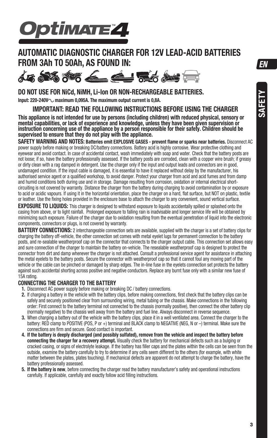 Safety | TecMate Optimate4 Dual Program User Manual | Page 3 / 44