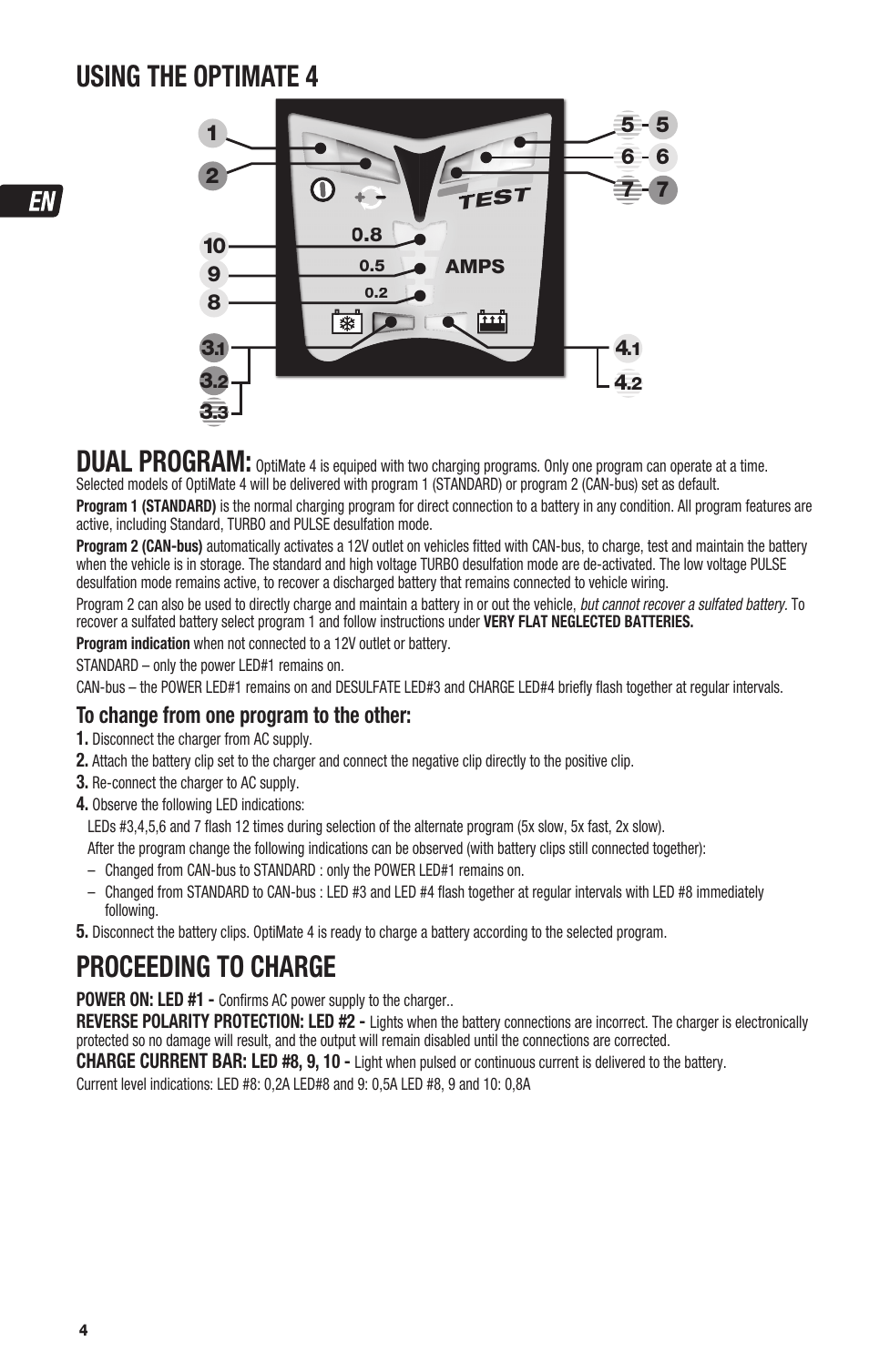 Using the optimate 4, Dual program, Proceeding to charge | TecMate Optimate4 Dual Program User Manual | Page 4 / 44