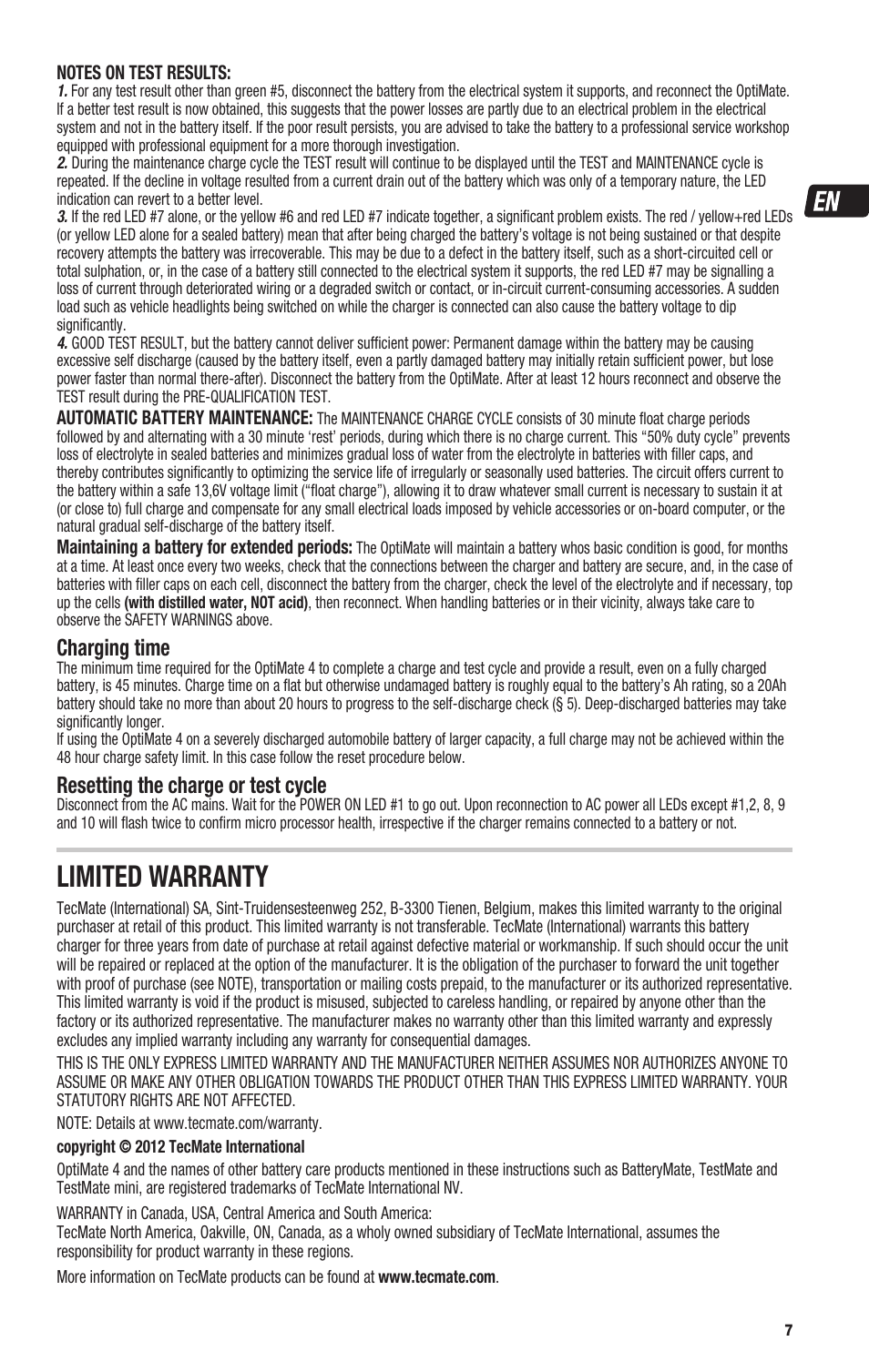 Limited warranty, Charging time, Resetting the charge or test cycle | TecMate Optimate4 Dual Program User Manual | Page 7 / 44