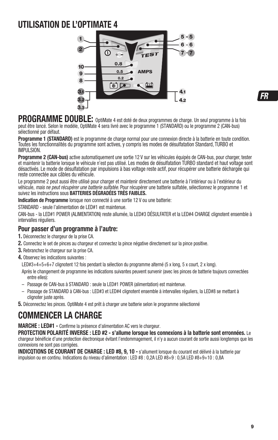 Utilisation de l’optimate 4, Programme double, Commencer la charge | Pour passer d’un programme à l’autre | TecMate Optimate4 Dual Program User Manual | Page 9 / 44