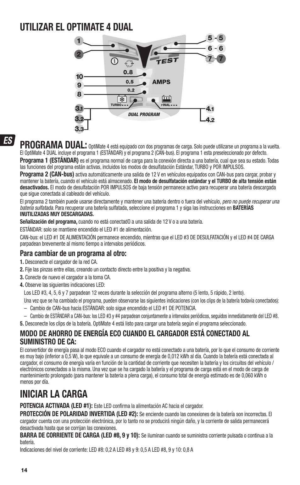 Utilizar el optimate 4 dual, Programa dual, Iniciar la carga | Para cambiar de un programa al otro | TecMate Optimate4 CAN-bus edition User Manual | Page 14 / 44