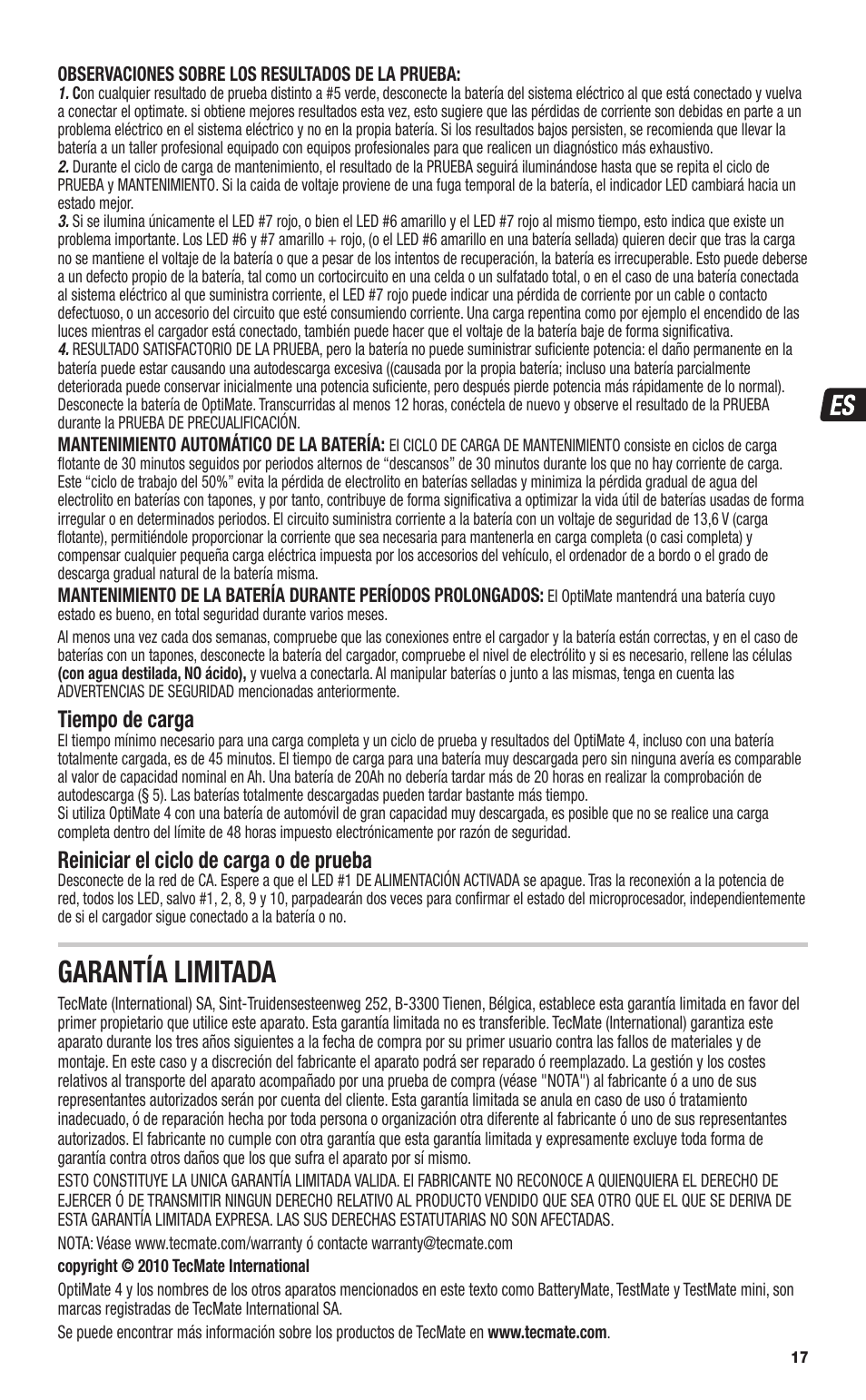 Garantía limitada, Tiempo de carga, Reiniciar el ciclo de carga o de prueba | TecMate Optimate4 CAN-bus edition User Manual | Page 17 / 44