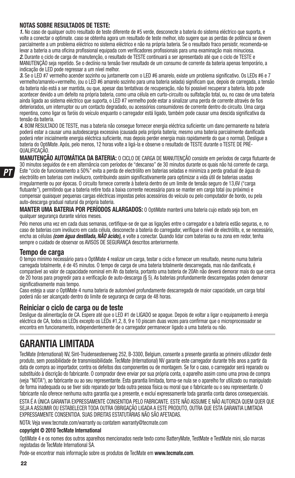 Garantia limitada, Tempo de carga, Reiniciar o ciclo de carga ou de teste | TecMate Optimate4 CAN-bus edition User Manual | Page 22 / 44