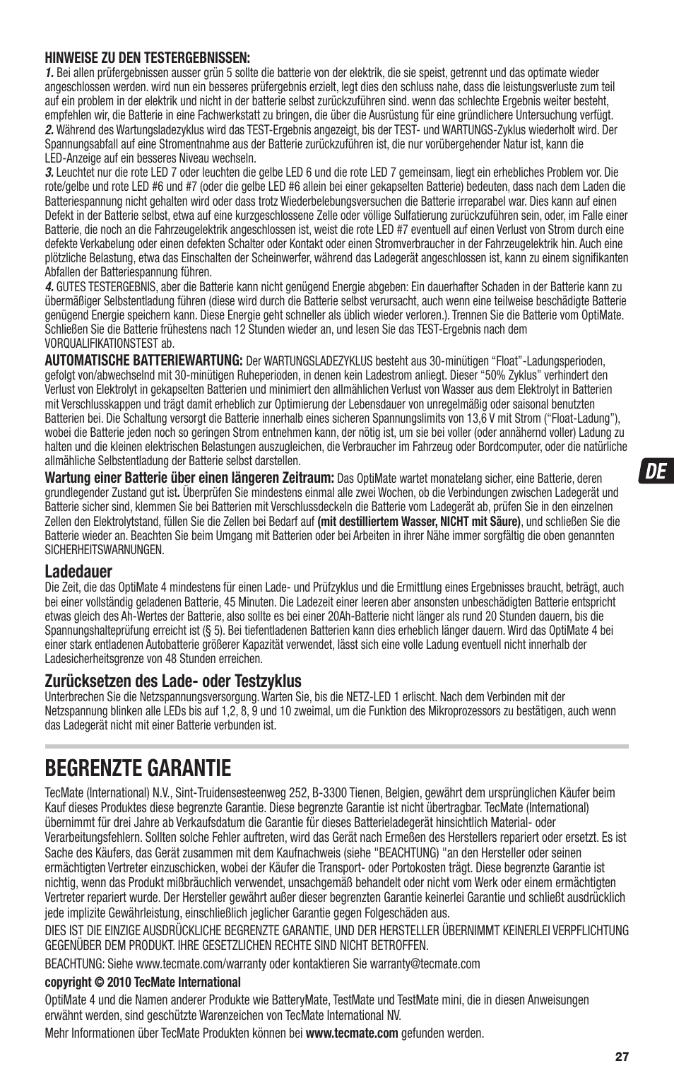 Begrenzte garantie, Ladedauer, Zurücksetzen des lade- oder testzyklus | TecMate Optimate4 CAN-bus edition User Manual | Page 27 / 44