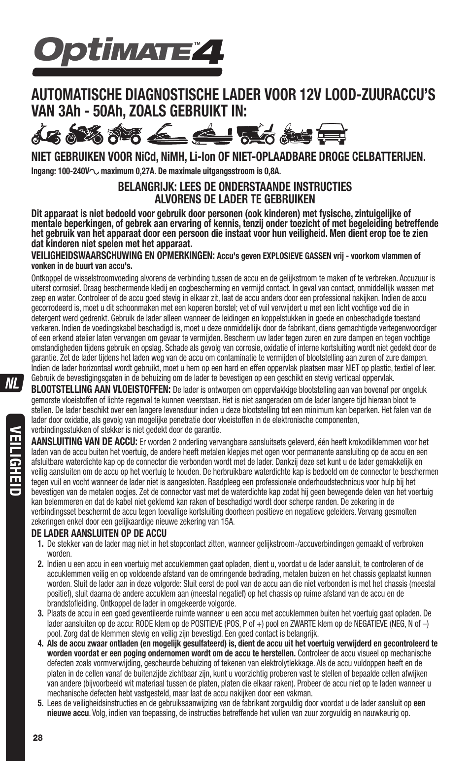 Veiligheid | TecMate Optimate4 CAN-bus edition User Manual | Page 28 / 44