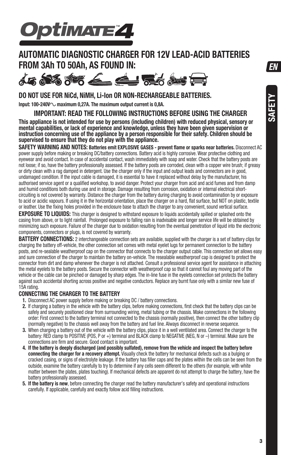 Safety | TecMate Optimate4 CAN-bus edition User Manual | Page 3 / 44