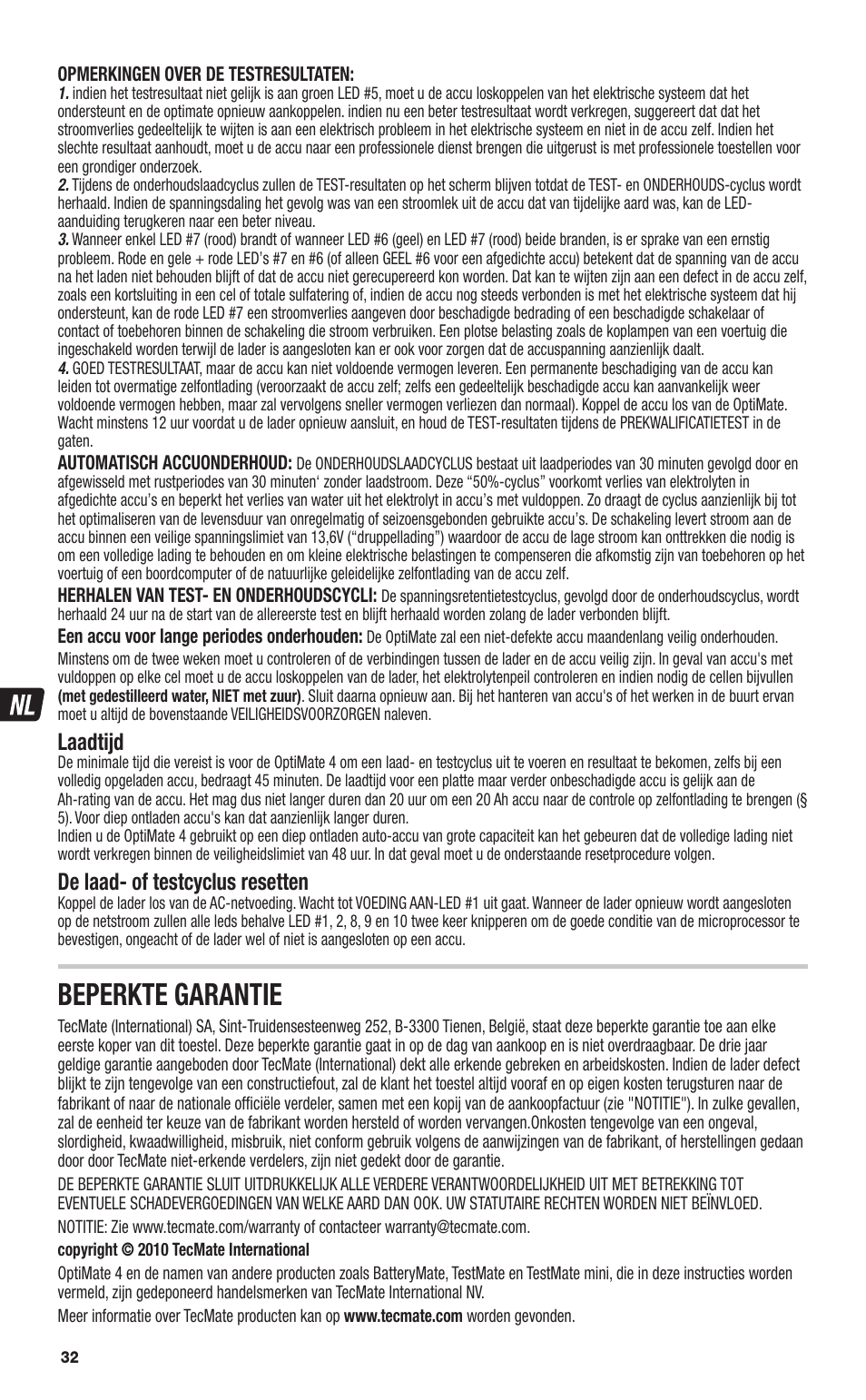 Beperkte garantie, Laadtijd, De laad- of testcyclus resetten | TecMate Optimate4 CAN-bus edition User Manual | Page 32 / 44