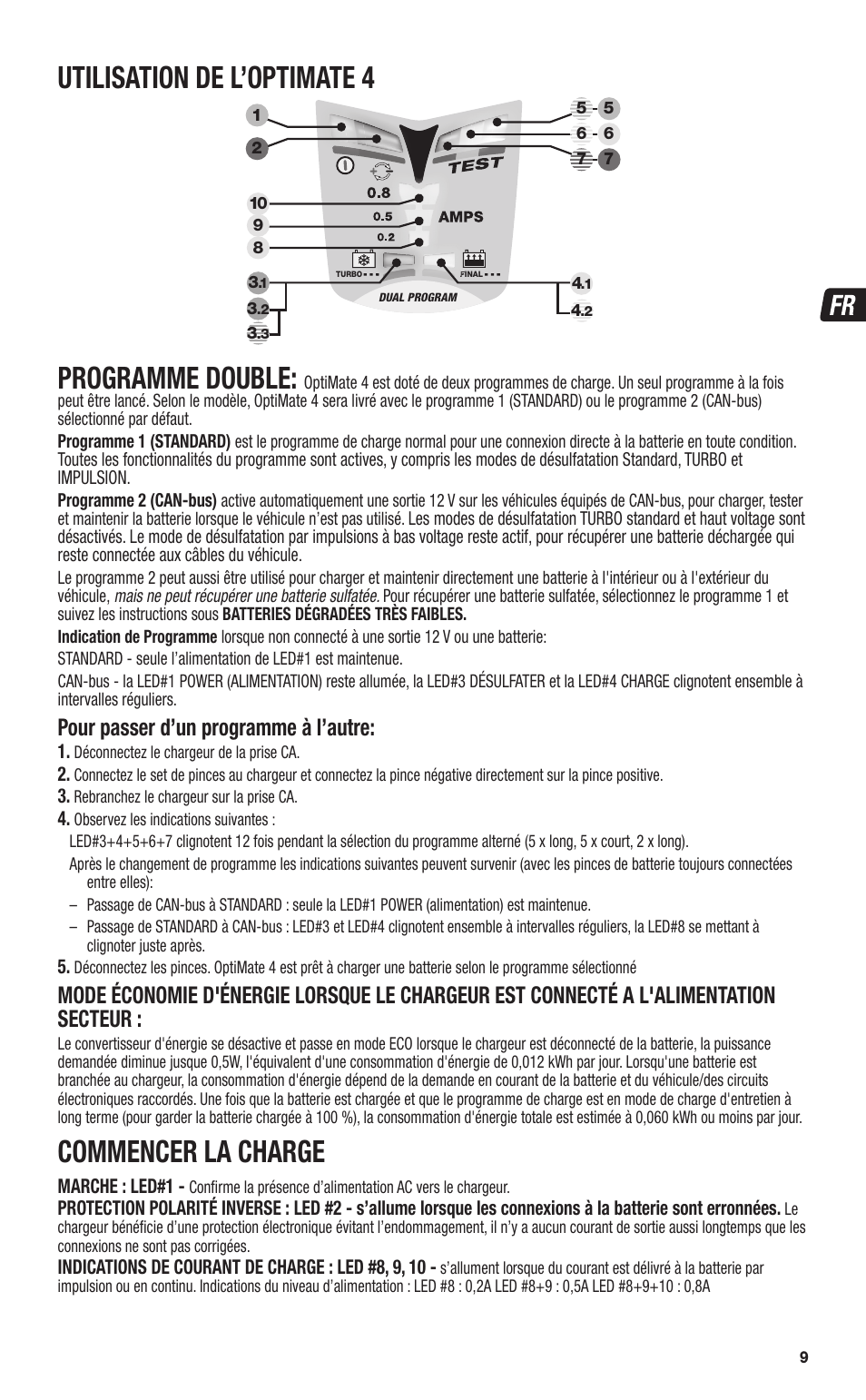 Utilisation de l’optimate 4, Programme double, Commencer la charge | Pour passer d’un programme à l’autre | TecMate Optimate4 CAN-bus edition User Manual | Page 9 / 44