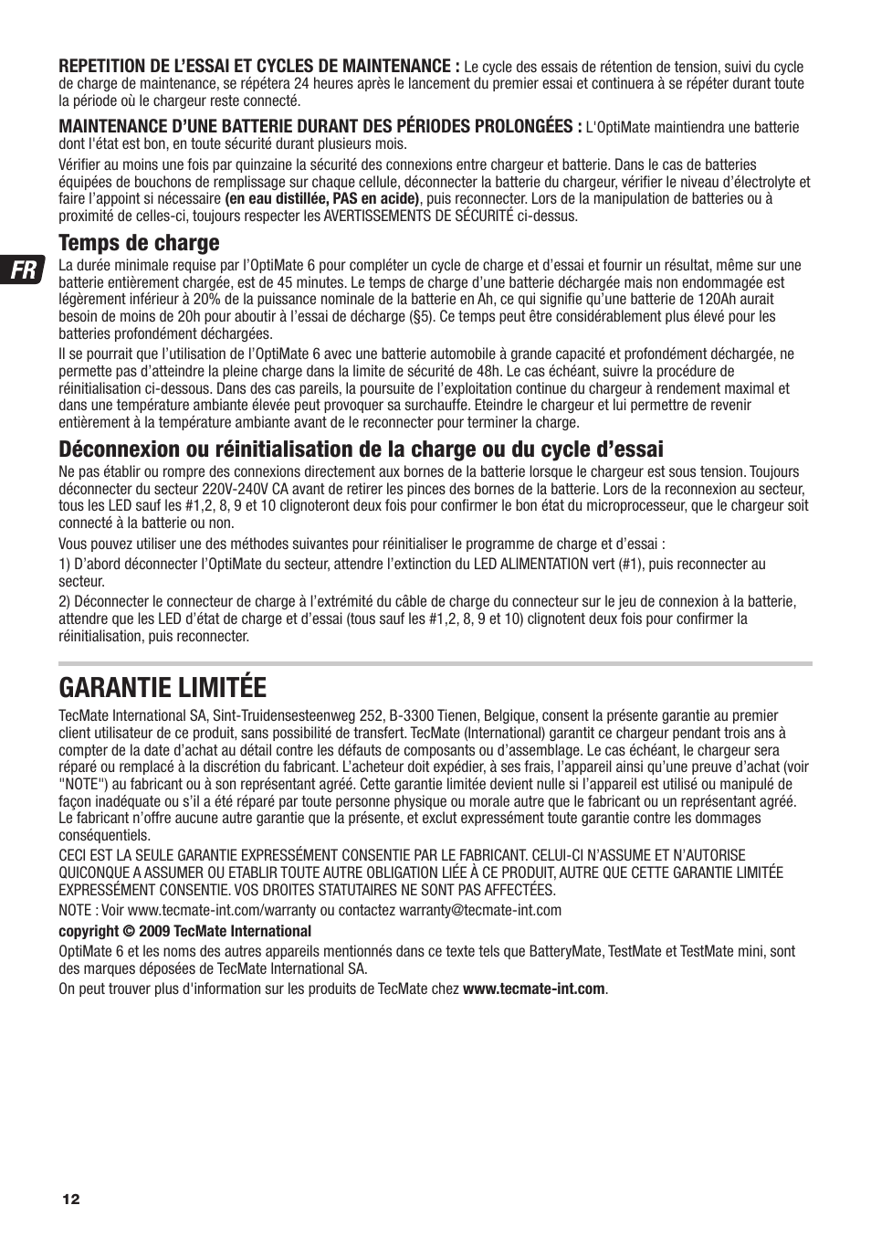 Garantie limitée, Temps de charge | TecMate Optimate6 User Manual | Page 12 / 44