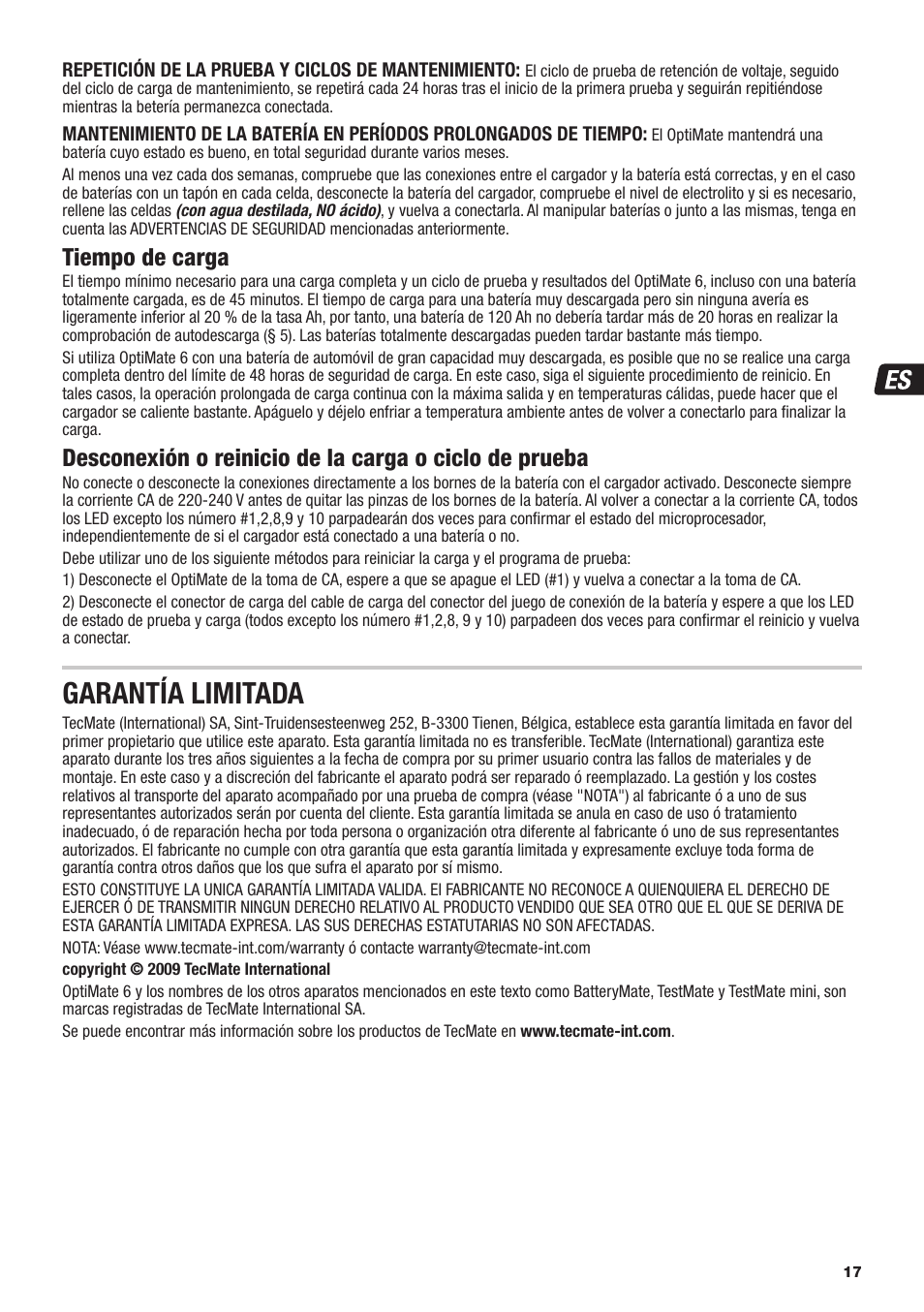 Garantía limitada, Tiempo de carga | TecMate Optimate6 User Manual | Page 17 / 44