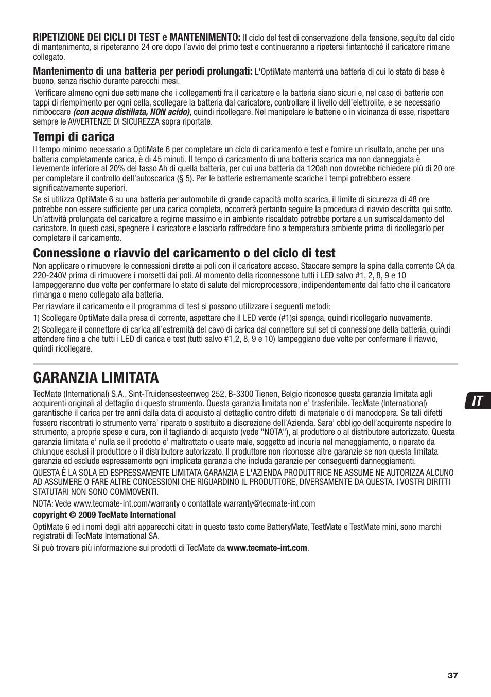 Garanzia limitata, Tempi di carica | TecMate Optimate6 User Manual | Page 37 / 44