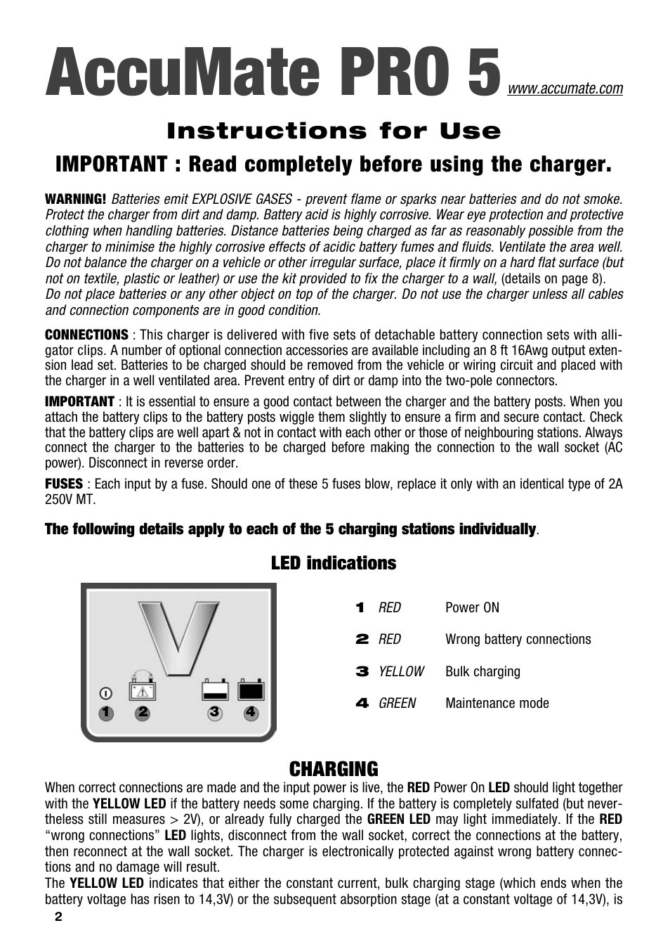 Accumate pro 5, Charging | TecMate Accumate PRO-5 User Manual | Page 2 / 8