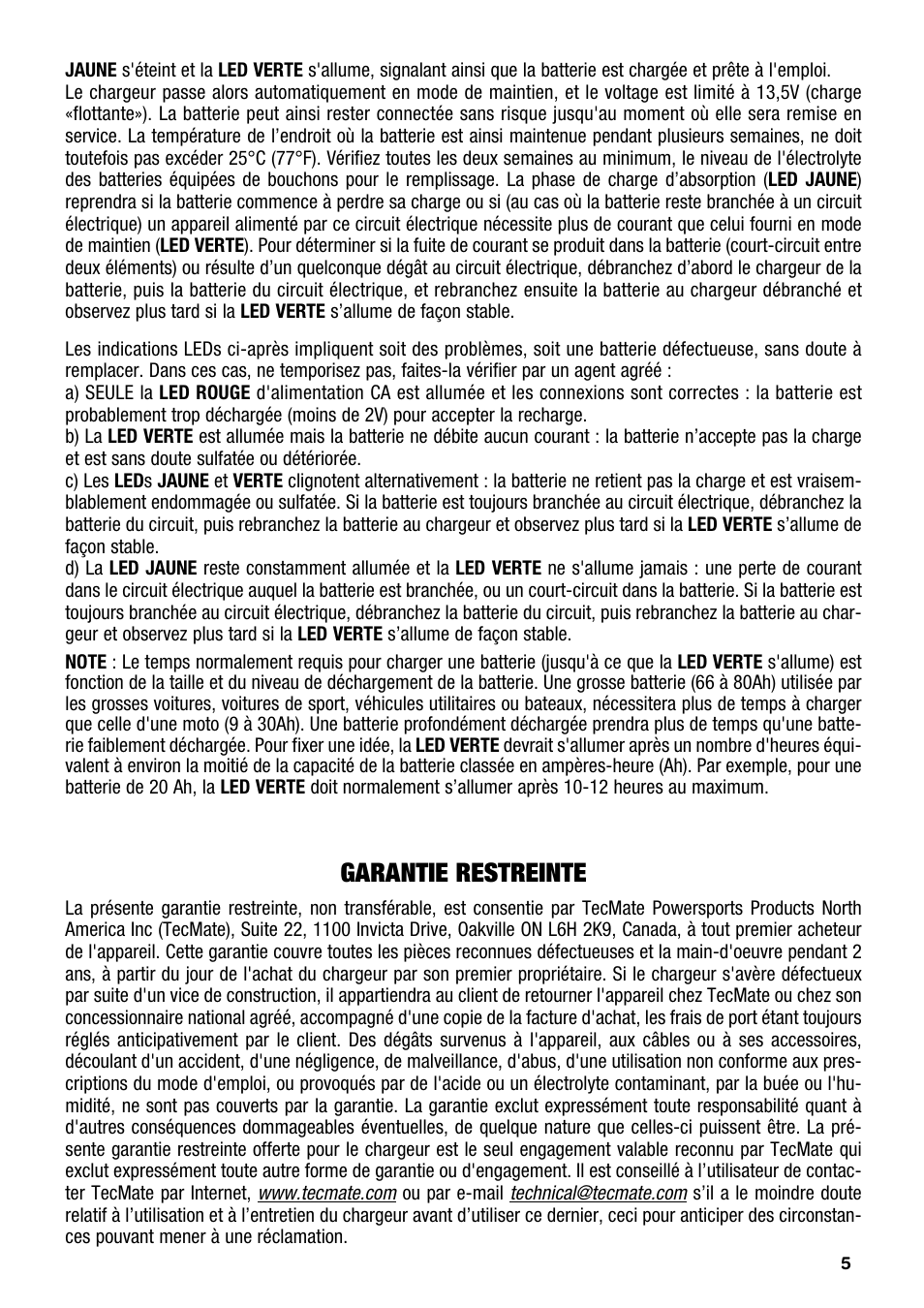 Garantie restreinte | TecMate Accumate PRO-5 User Manual | Page 5 / 8