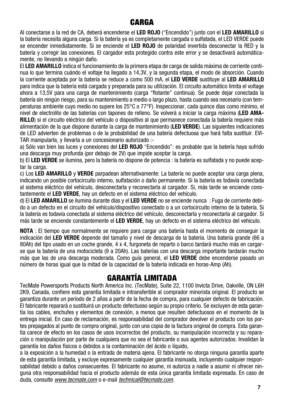 Carga, Garantía limitada | TecMate Accumate PRO-5 User Manual | Page 7 / 8