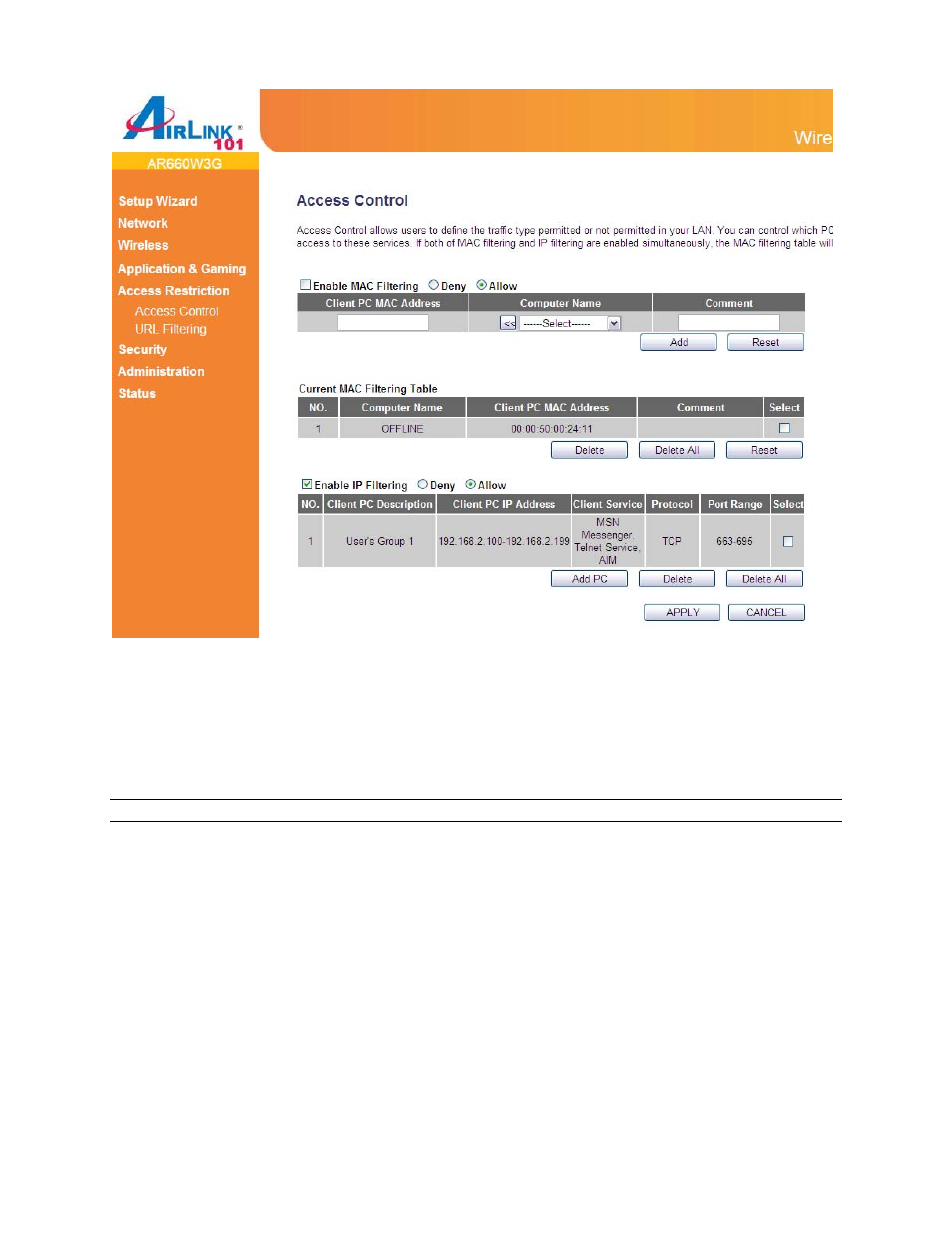 1 mac filtering | Airlink101 AR660W3G User Manual | Page 58 / 76