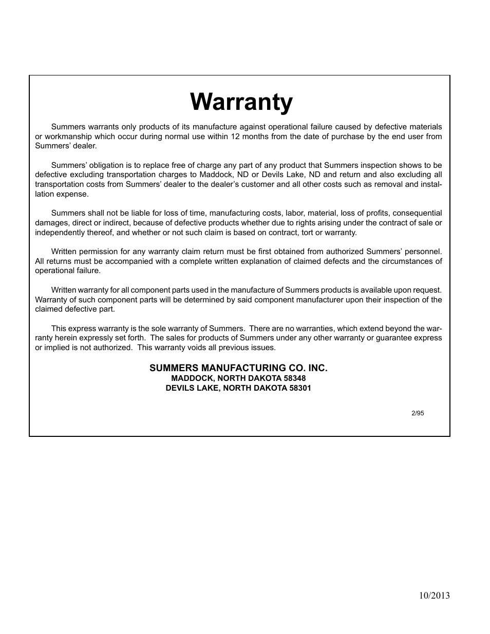 Warranty | Summers 2510 DT User Manual | Page 2 / 98