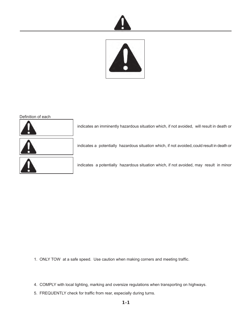 Section 1 - safety, General safety practices, Safety during transport | Safety-alert symbol & general safety practices -1, Danger warning caution | Summers 2510 DT User Manual | Page 5 / 98