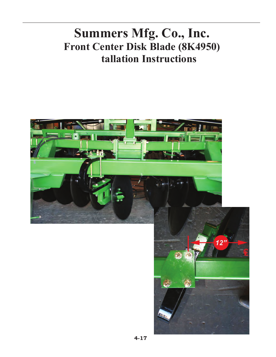 Front center disk blade, 8k4950 front center single disk blade -17 – 4-18, Summers mfg. co., inc | Summers 2510 DT User Manual | Page 79 / 98