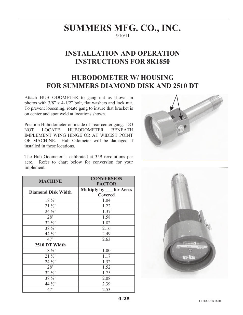 Acre meter, 8k1850 - acre meter -25, Summers mfg. co., inc | Summers 2510 DT User Manual | Page 87 / 98