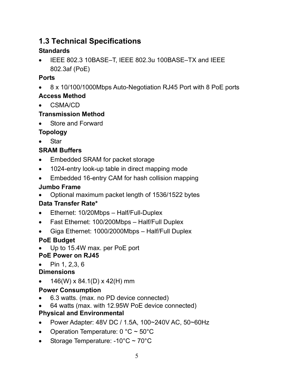3 technical specifications | Airlink101 AGSW808POE User Manual | Page 6 / 9