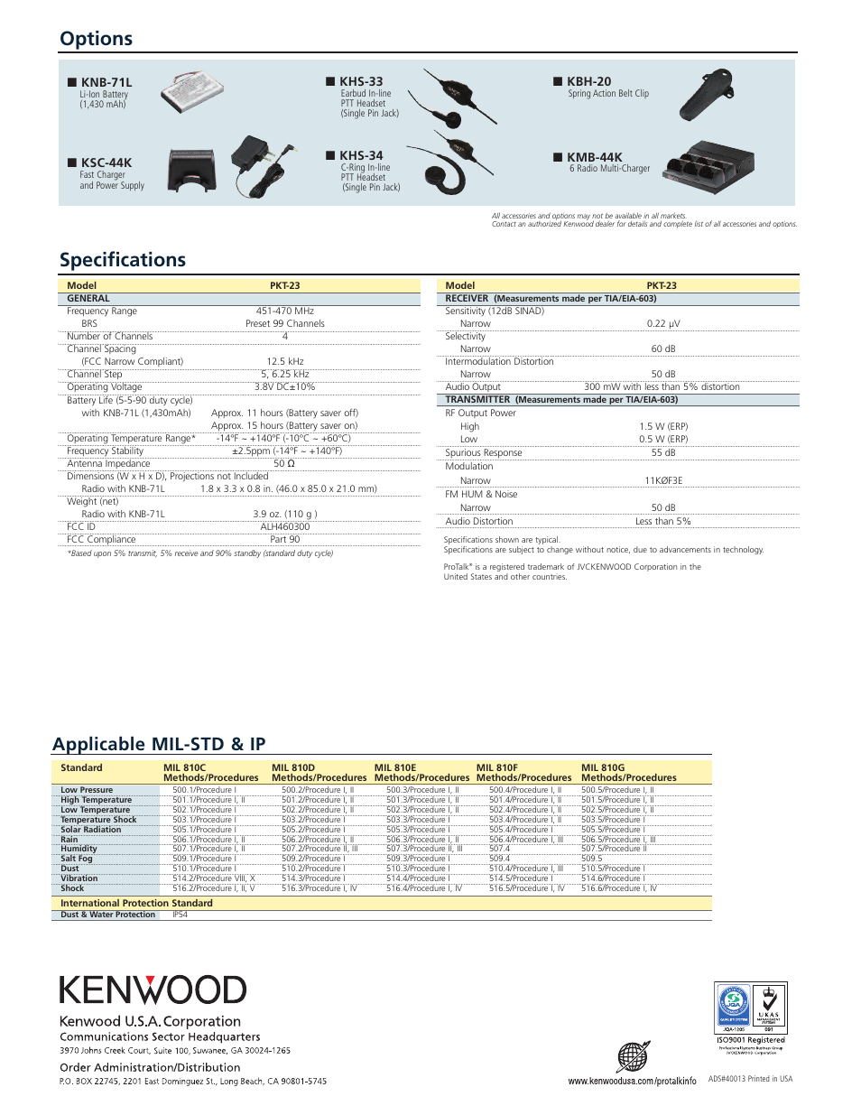 Options, Specifications, Applicable mil-std & ip | Knb-71l, Ksc-44k, Khs-33, Khs-34, Kbh-20, Kmb-44k | Kenwood PKT-23K User Manual | Page 2 / 2