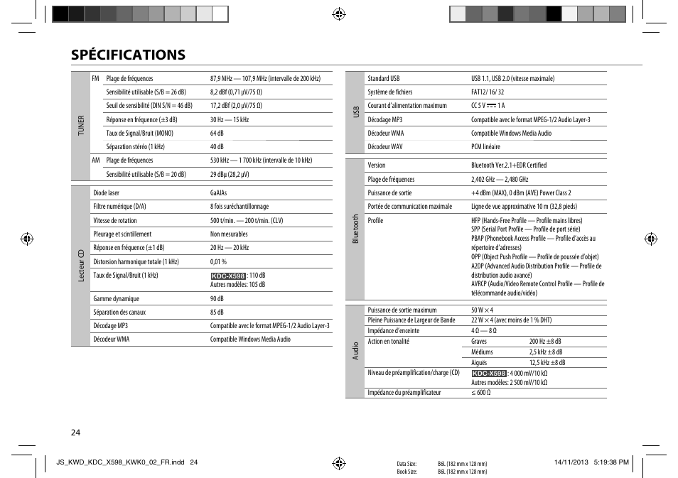 Spécifications | Kenwood KDC-X598 User Manual | Page 48 / 74