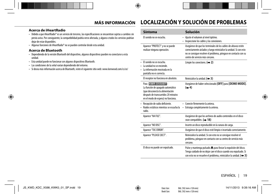 Localización y solución de problemas, Más información | Kenwood KDC-X598 User Manual | Page 67 / 74
