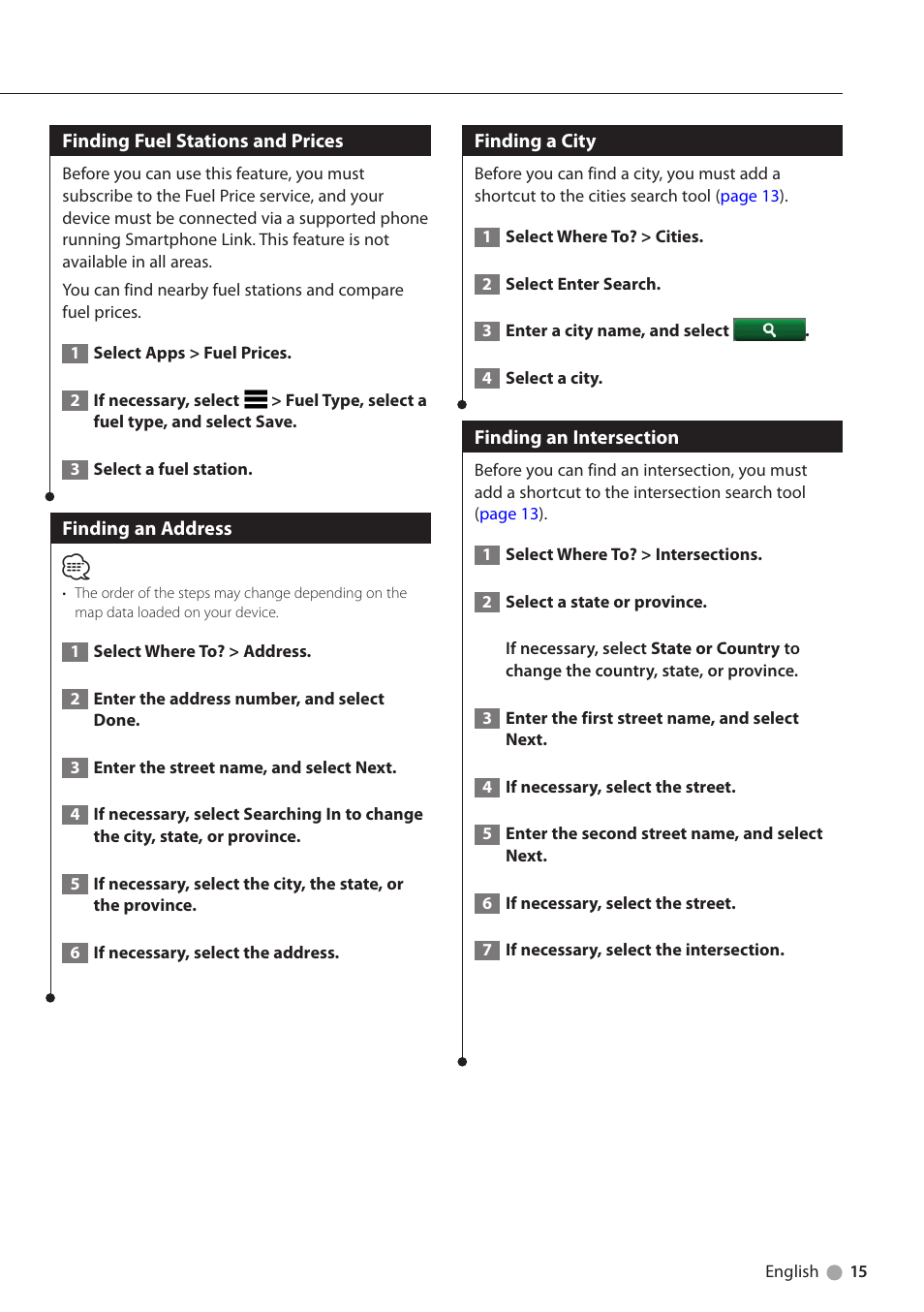 Finding fuel stations and prices, Finding an address, Finding a city | Finding an intersection | Kenwood DNX691HD User Manual | Page 15 / 38