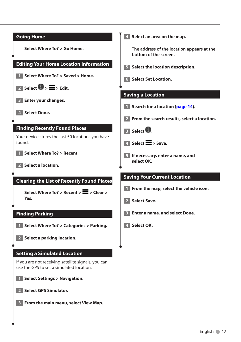 Going home, Editing your home location information, Finding recently found places | Clearing the list of recently found places, Finding parking, Setting a simulated location, Saving a location, Saving your current location | Kenwood DNX691HD User Manual | Page 17 / 38