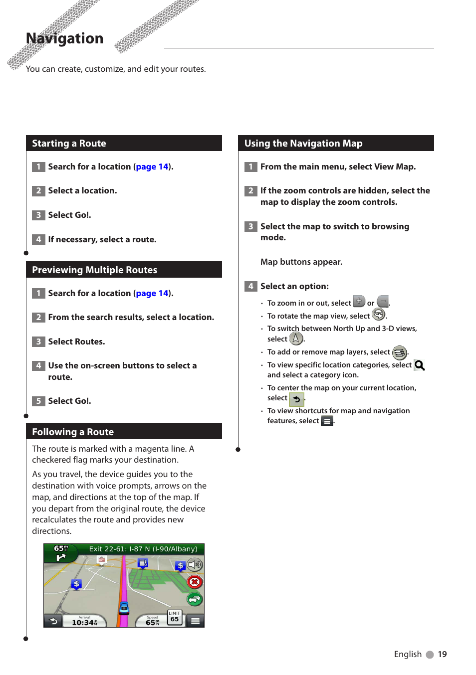 Navigation, Starting a route, Previewing multiple routes | Following a route, Using the navigation map | Kenwood DNX691HD User Manual | Page 19 / 38