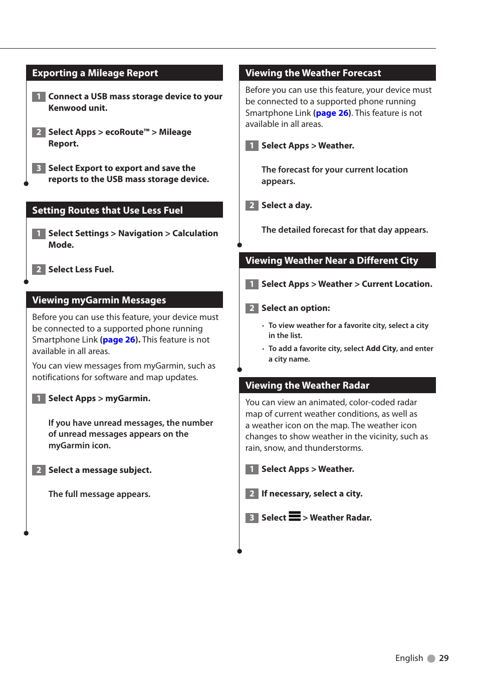 Exporting a mileage report, Setting routes that use less fuel, Viewing mygarmin messages | Viewing the weather forecast, Viewing weather near a different city, Viewing the weather radar | Kenwood DNX691HD User Manual | Page 29 / 38