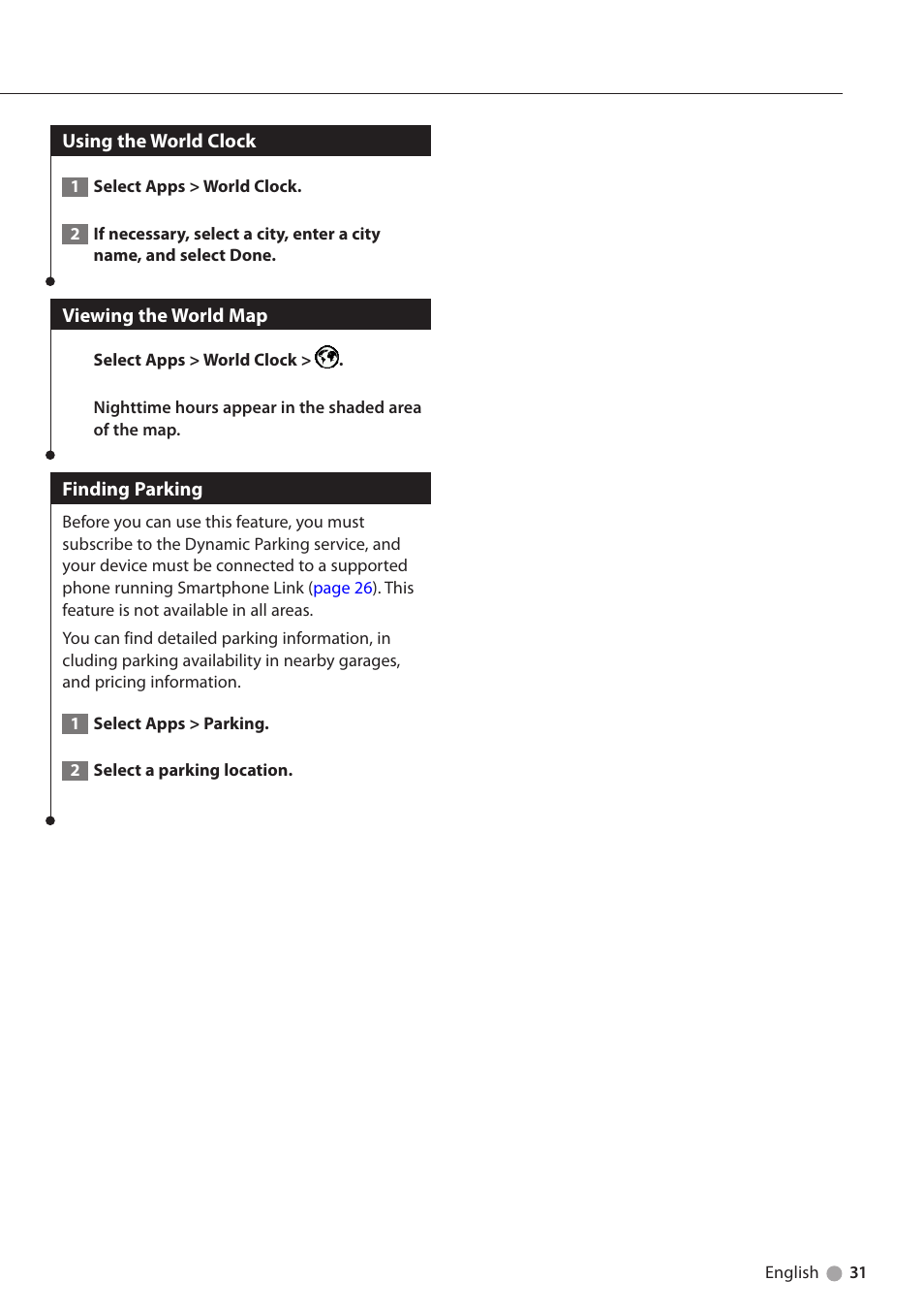 Using the world clock, Viewing the world map, Finding parking | Kenwood DNX691HD User Manual | Page 31 / 38