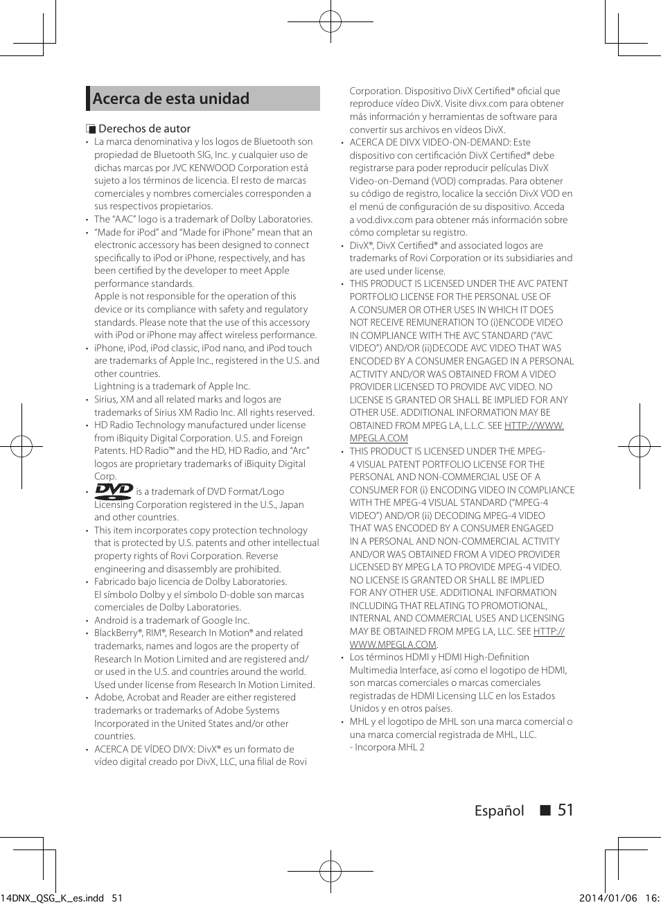 Acerca de esta unidad, Español ñ | Kenwood DNX691HD User Manual | Page 51 / 56