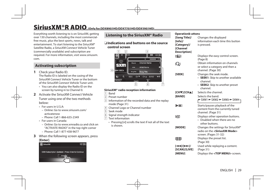 Siriusxm® r adio | Kenwood DDX5901HD User Manual | Page 29 / 76