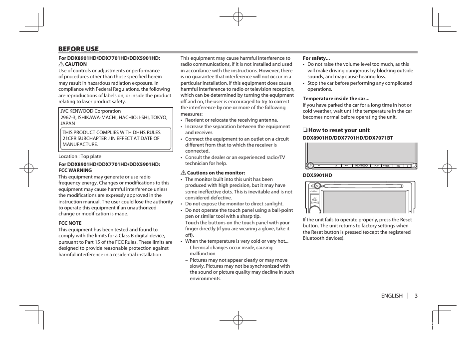 Before use | Kenwood DDX5901HD User Manual | Page 3 / 76